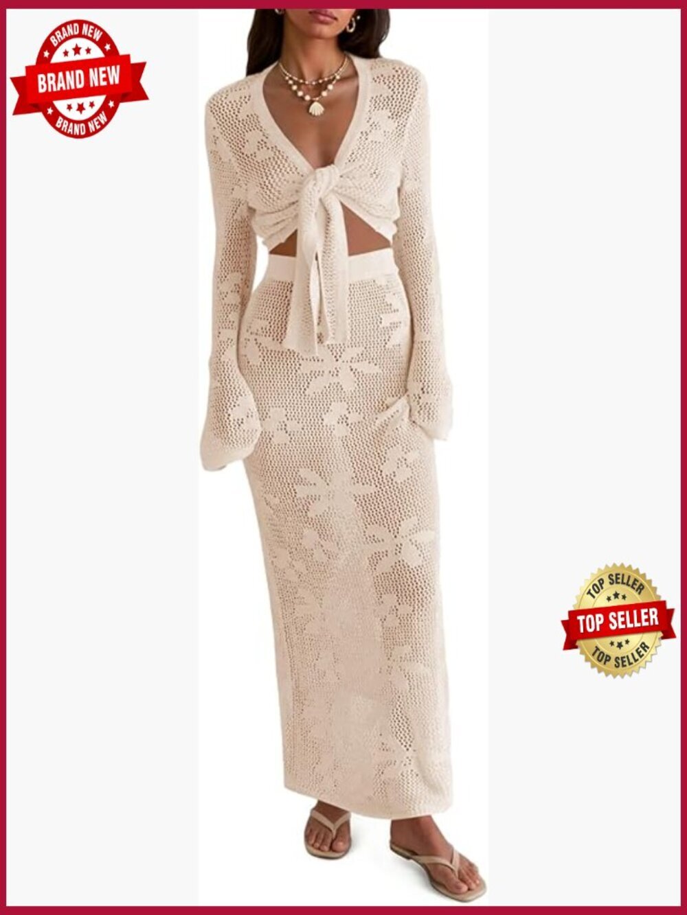 Womens Crochet Swim Cover Up 2 Piece V Neck Long Sleeve Wrap Tie Crop Tops Maxi